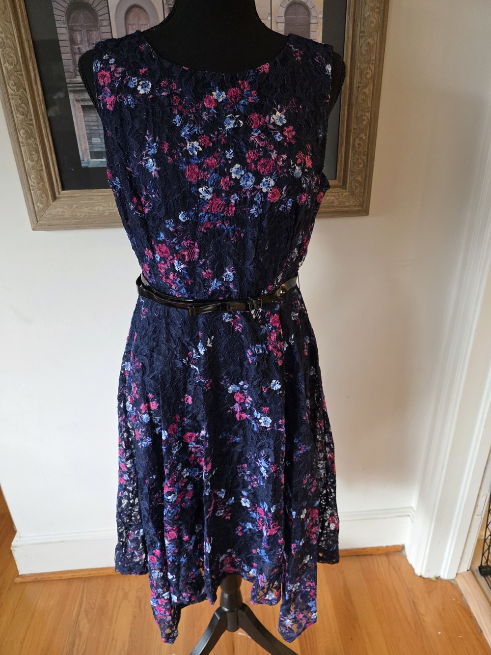 ELLE Floral Lace Fit-and-Flare Dress in Navy with Pink Accents